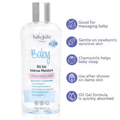 Baby Jolie Oil Gel Intensive Moisture 8oz bottle, with benefits listed: relaxes baby, gentle on sensitive skin, chamomile helps sleep.