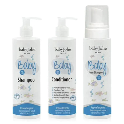 Baby Jolie hair care set for infants and toddlers, including tear-free shampoo, conditioner, and foam shampoo.