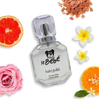 Baby Jolie - Le Bebe Baby Perfume bottle, 50ml, surrounded by grapefruit, orange, rose, and flowers, labeled alcohol-free.