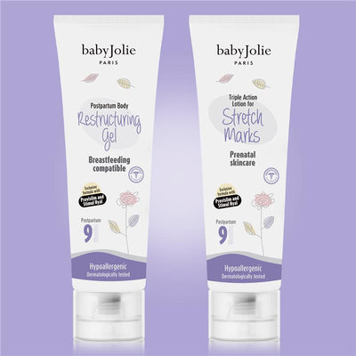 Postpartum care set featuring Baby Jolie Restructuring Gel and Stretch Marks lotion, both hypooallergenic and breastfeeding compatible.