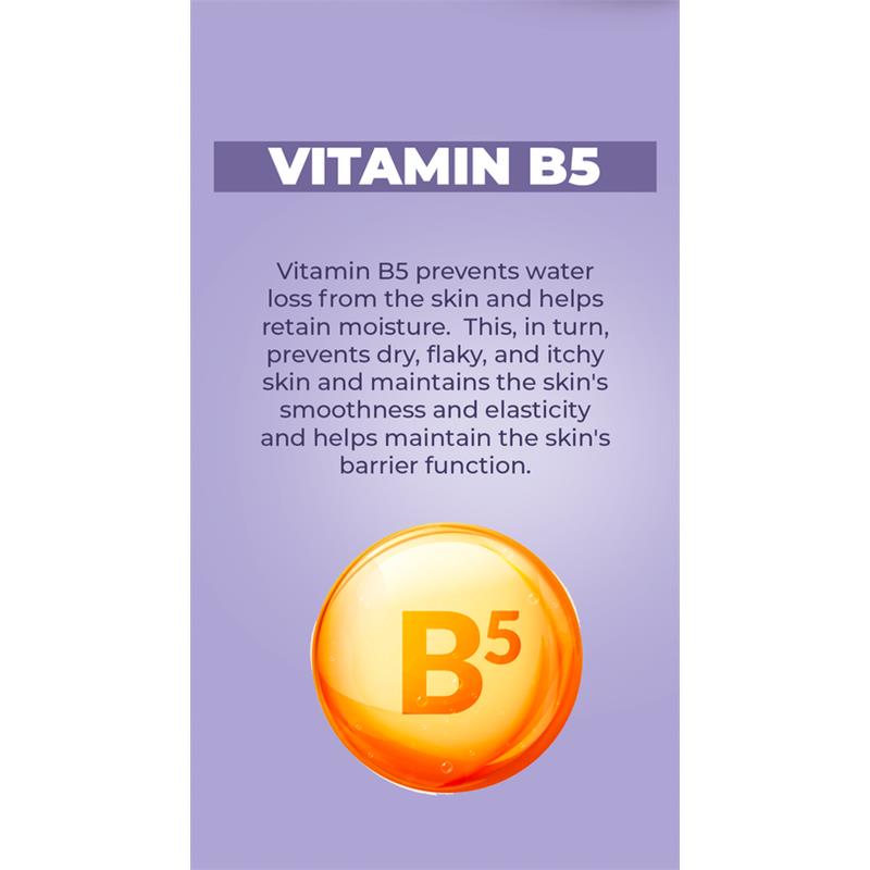 Vitamin B5 benefits for skin moisture retention, preventing dryness and improving elasticity, featured on a purple background.