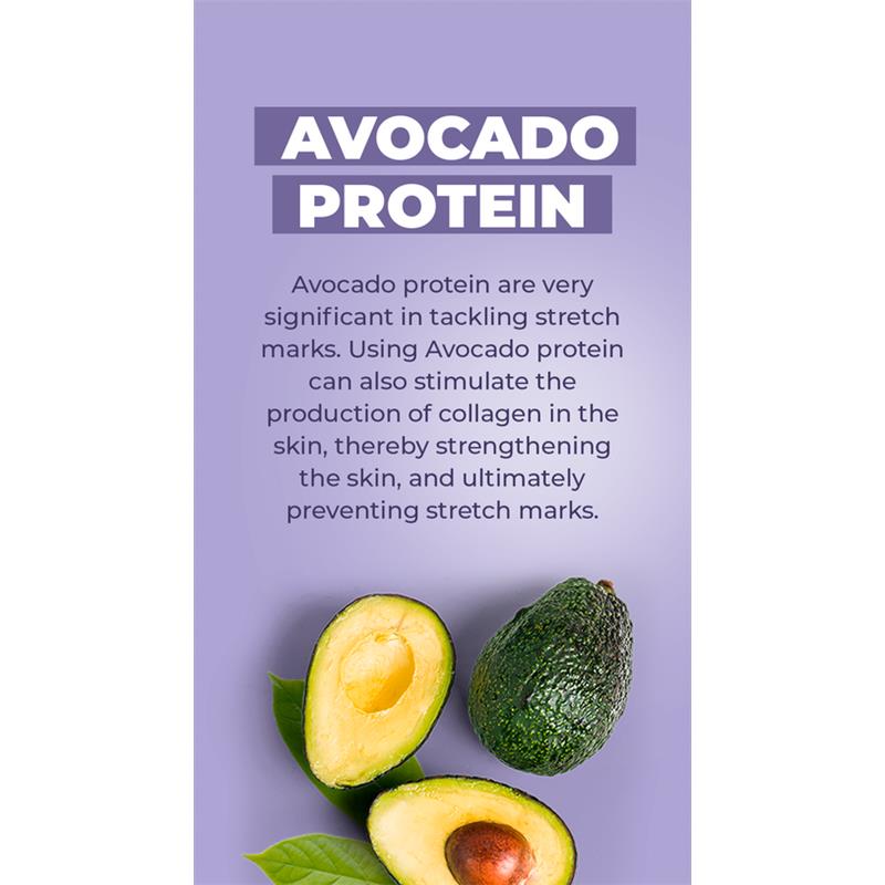 Avocado protein benefits in preventing stretch marks, featuring halved and whole avocados with informative text.