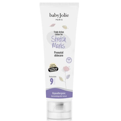 Triple Action Lotion for Stretch Marks by babyJolie, 7.5oz tube, featuring prenatal skincare benefits and hypoallergenic formula.