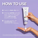 Mom Care Stretch Marks Triple Action lotion is dispensed onto a hand, with application instructions and tips for use visible.