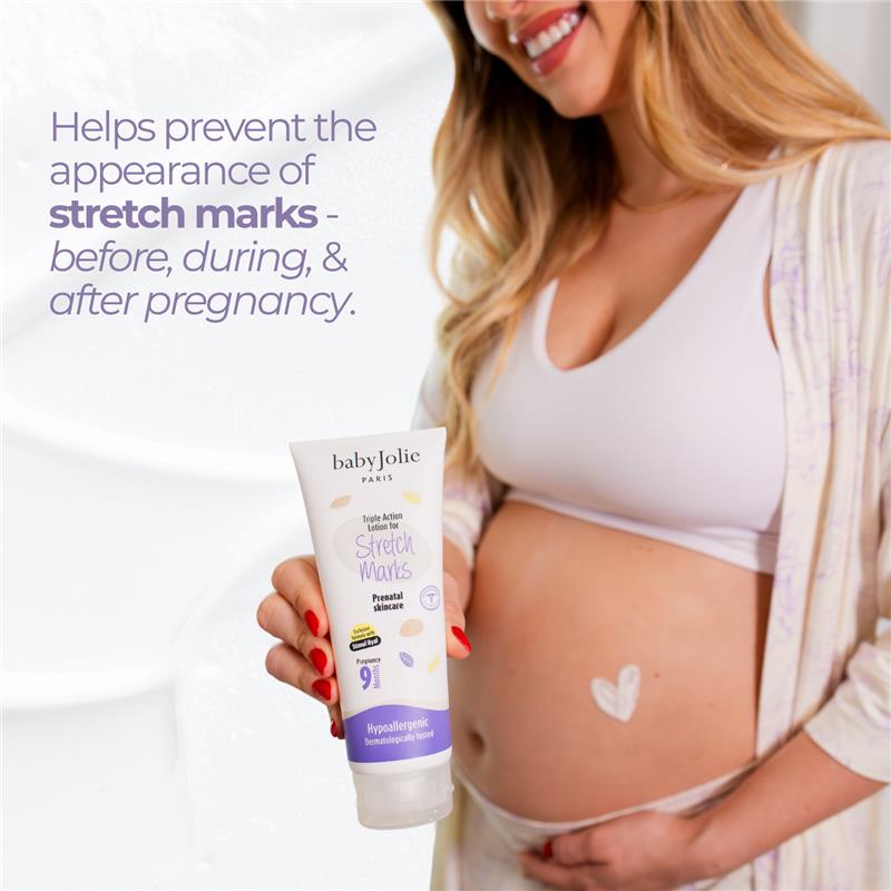 Mom holding Baby Jolie stretch mark lotion, promoting skin care before, during, and after pregnancy.