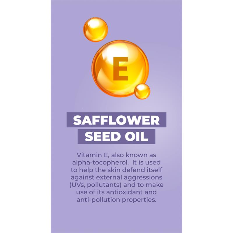 Safflower seed oil with Vitamin E benefits, highlighted with a golden droplet and purple background text explaining its properties.