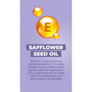 Safflower seed oil with Vitamin E benefits, highlighted with a golden droplet and purple background text explaining its properties.