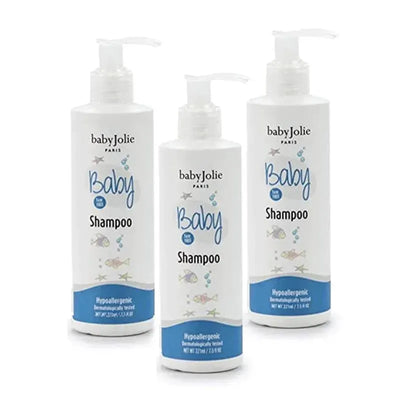 Three bottles of Baby Jolie Tear Free Baby Shampoo, labeled as hypoallergenic and dermatologically tested, in a pack.