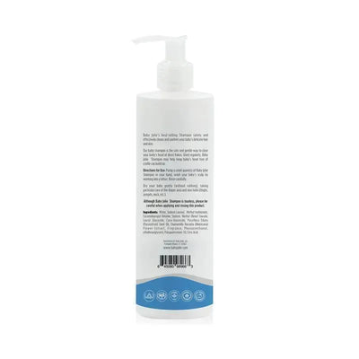 Tear-free Baby Jolie shampoo bottle with pump top, featuring usage directions, ingredients, and a sleek design for gentle hair care.