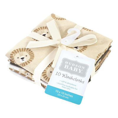Flannel washcloth set featuring a Brave Lion design, includes 10 soft and absorbent washcloths, 10x10 inches.
