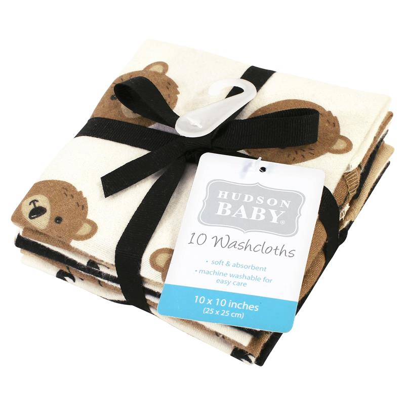 Baby Vision 10Pk Flannel Washcloth, Brown Bear Image 2