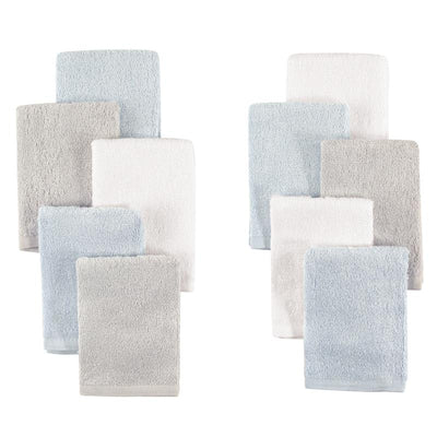 Set of ten bamboo washcloths in light blue, gray, and white colors, showcasing various textures and sizes.