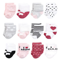 Baby Vision 12Pk Terry Socks Mom & Dad Girl Pink/Black Image 1