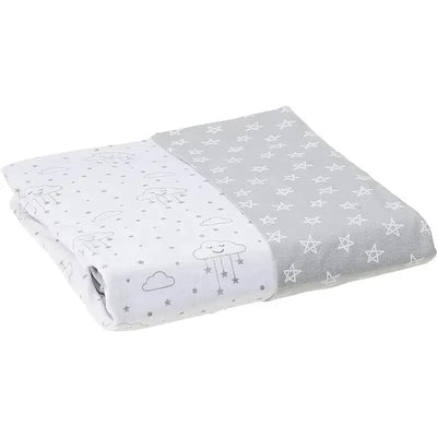 Gray clouds and star patterns on a folded crib sheet set, designed for crib mattress sizes 28x52 inches.
