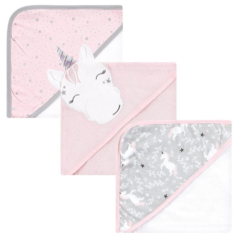 Baby Vision - 3Pk Hudson Baby Cotton Rich Hooded Towels, Pink Unicorn Image 1