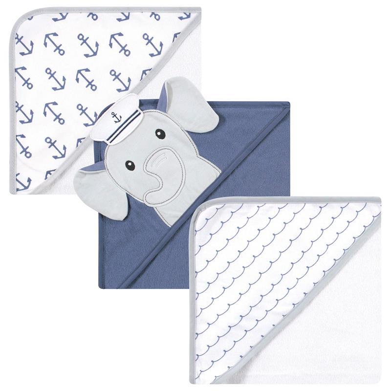 Baby Vision - 3Pk Hudson Baby Unisex Baby Cotton Rich Hooded Towels, Sailor Elephant Image 2
