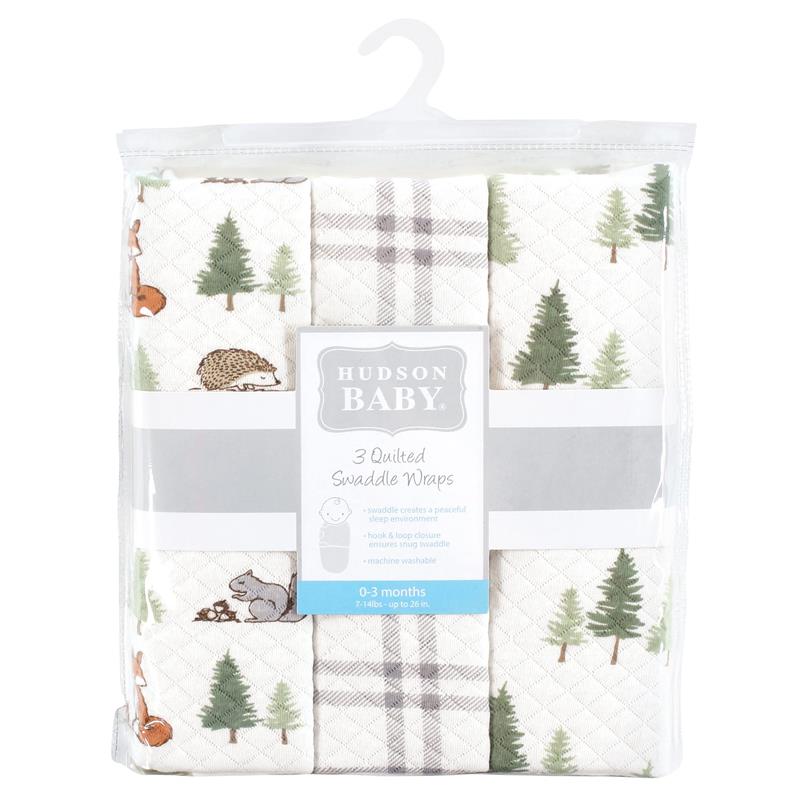 Baby Vision - 3Pk Hudson Baby Unisex Baby Quilted Cotton Swaddle Wrap, Forest Animals Image 2