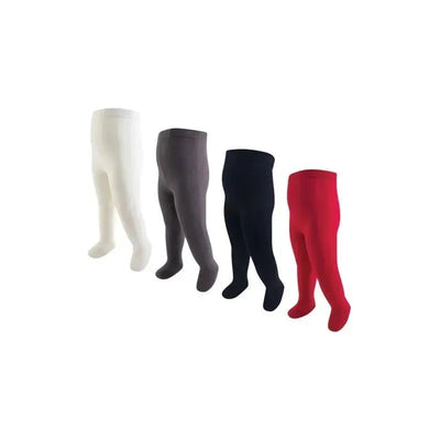 Four pairs of baby girl cotton tights in white, gray, navy, and red colors, ideal for casual wear.