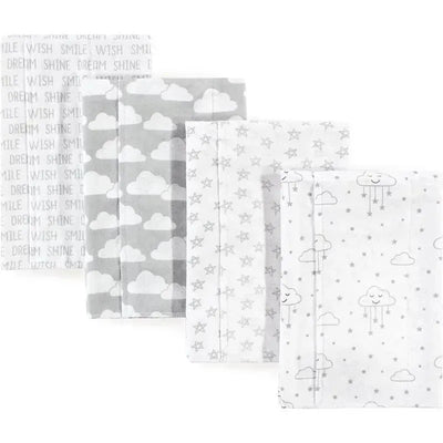 Burp cloths in gray with cloud and star patterns, featuring soft cotton flannel material, suitable for infants.