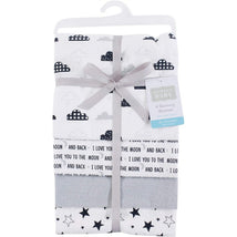Four Hudson Baby flannel receiving blankets featuring cloud, star, and text designs, tied with a ribbon for easy gifting.