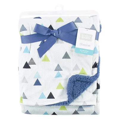 Baby Vision Blanket with Sherpa back, featuring a white surface with colorful abstract triangle patterns and a blue ribbon tie.