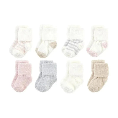 Chenille baby socks in pink, white, gray, and beige, featuring solid and striped designs, packed in an 8-piece set.