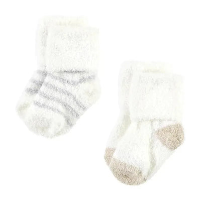 Chenille socks in pink and neutral stripes, featuring a soft texture and cozy design, ideal for babies.