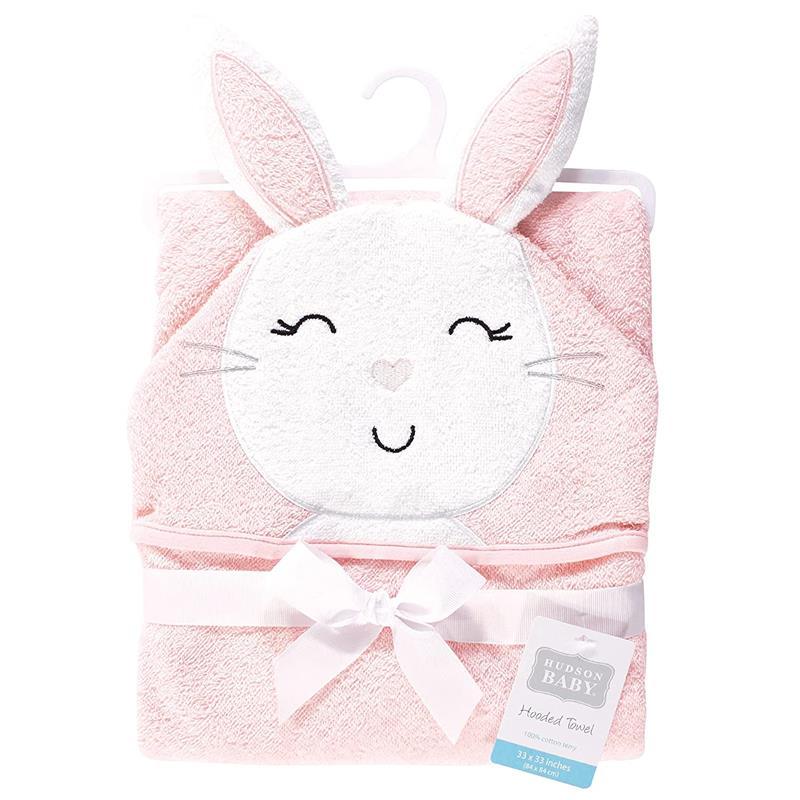 Baby Vision - Hudson Baby Cotton Animal Face Hooded Towel, Pink Bunny Image 3