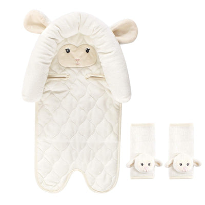 Baby Vision Hudson Baby unisex car seat insert and strap covers in lamb design, featuring plush white material and cute ears.