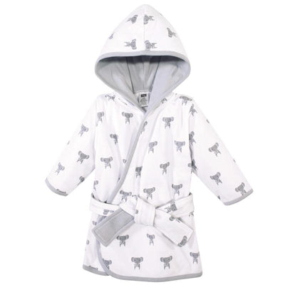 Unisex baby bathrobe featuring a modern elephant design, white with gray accents, and a hood.