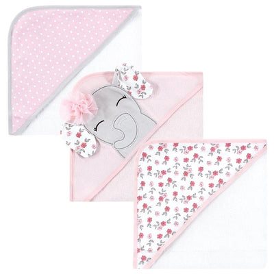 Set of three unisex baby cotton hooded towels featuring a cute elephant design with floral patterns and a polka dot print.