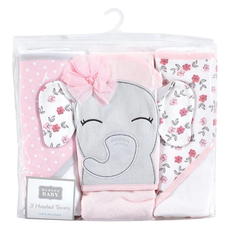 Baby Vision - Hudson Baby Unisex Baby Cotton Rich Hooded Towels, Floral Pretty Elephant, One Size Image 2