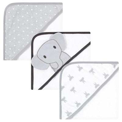 Hooded baby towels in gray featuring modern elephant designs, soft cotton blend, includes three different styles.