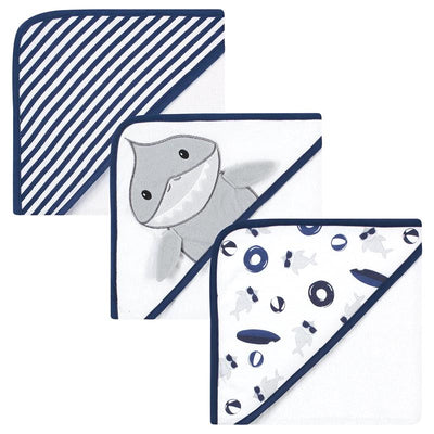 Gray shark-themed hooded towels with a playful shark design, stripes, and beach-related patterns.
