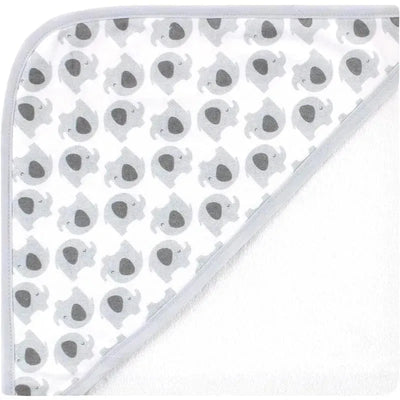 Hooded baby towel with gray elephant prints and white dots, designed for drying and keeping infants cozy.