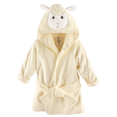 Unisex baby bathrobe in cream color with a lamb face hood, featuring a tie belt and soft, fluffy material.
