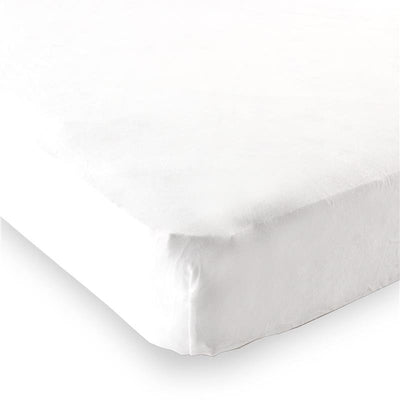Fitted playard sheet in white, designed for babies, featuring a smooth, soft surface and snug fit.