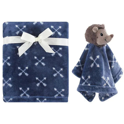 Security blanket set featuring a navy blue blanket with arrow patterns and a hedgehog plush corner.
