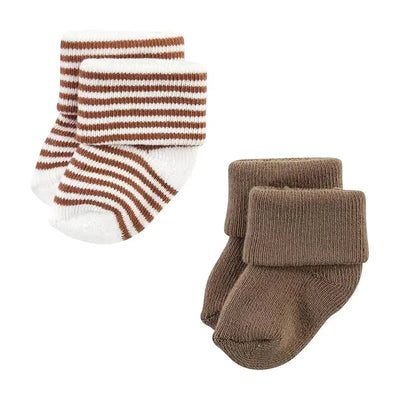 Baby Vision Terry Socks 8Pk in neutral brown, featuring two pairs: one striped brown and white, and one solid brown.