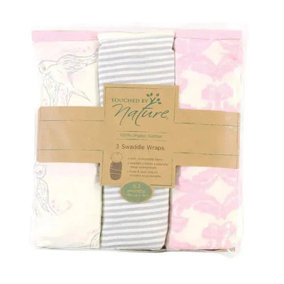 Organic cotton swaddle wraps in a pack of three, featuring bird, striped, and floral patterns, suitable for babies 0-3 months.
