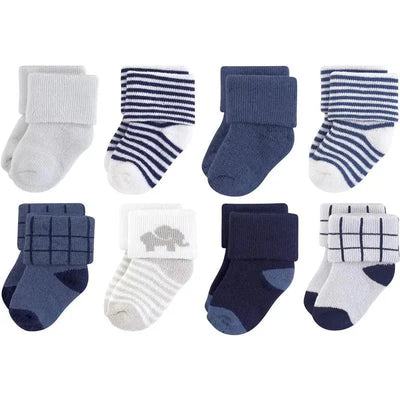 Organic cotton baby socks in various blue shades and patterns, featuring elephants and stripes, for infants 6-12 months.