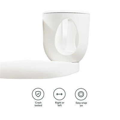 Eggshell white cup holder with a unique design, featuring an easy snap-on mechanism, crash-tested for safety.