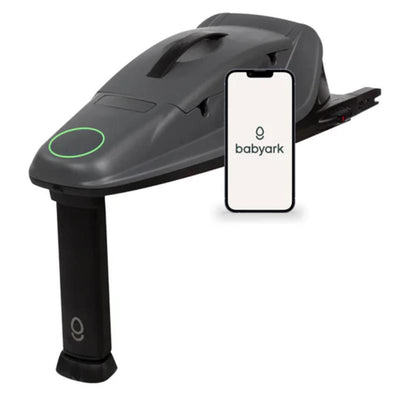 Babyark G01 Smart Base in charcoal grey, featuring a sleek design and a smartphone displaying the Babyark logo.