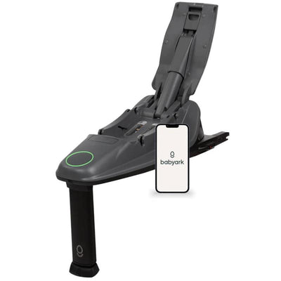 Smart base for baby car seats in charcoal grey, featuring a mobile phone displaying the Babyark logo beside it.