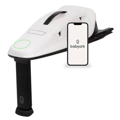 Smart Base G01 in eggshell white with a green indicator light, accompanied by a smartphone displaying the Babyark logo.