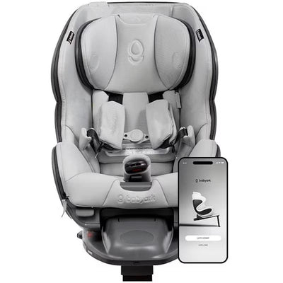 Smart Convertible Car Seat by Babyark in charcoal grey, featuring a glacier ice seat, with a smartphone displaying setup options.