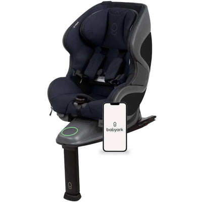 Smart convertible car seat in charcoal grey and midnight blue, with an interactive phone display featuring the Babyark logo.
