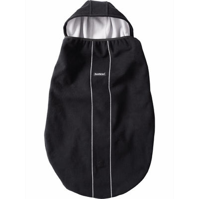 Babybjorn black baby carrier accessory cover with a hood and white lining, designed for warmth and protection.