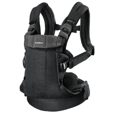 BabyBjorn Baby Carrier Harmony in black 3D mesh features adjustable straps and a supportive seat for comfortable baby carrying.
