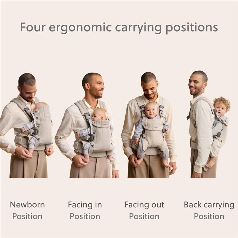 BabyBjörn Baby Carrier Harmony in Light Beige displayed with a man carrying babies in four ergonomic positions: newborn, facing in, facing out, and back.